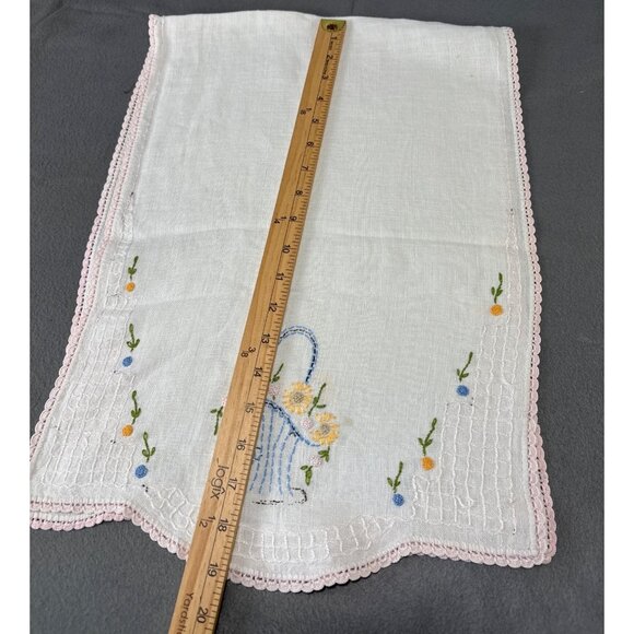 Hand Embroidered Linen Table Runner Flowers & Pink Lace Trim 38x14" - Picture 8 of 11